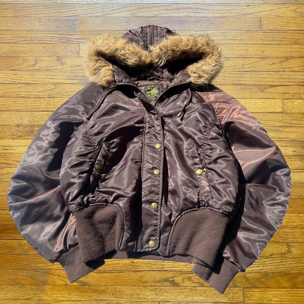 Southpole Women Brown Satin Fur Hooded Bomber Jacket Y2K Cropped Flight Coat